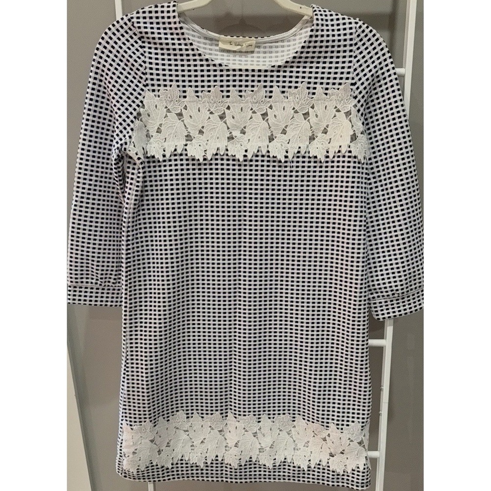 The Vintage Shop White Navy Checkered Lace Shift Dress 3/4 Sleeve Size M